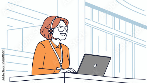 Smiling Customer Service Representative Working on Laptop with Headset.