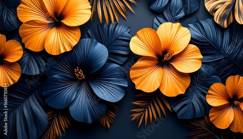 Dark Blue Orange Hibiscus Flowers.