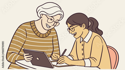 Smiling Women Sharing Tablet and Notes.
