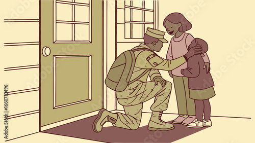 Soldier Kneeling Greeting Family at Doorstep.