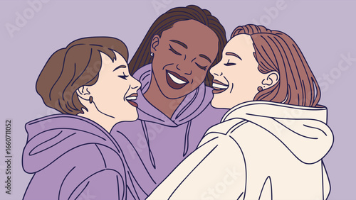 Three Diverse Women Embracing Joyful Laughter CloseUp Illustration.