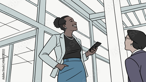 Two Businesswomen in Conversation in Modern Office Space.