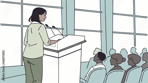 Woman Speaker at Conference Podium with Audience.