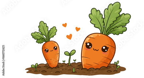 Two adorable cartoon carrots with big eyes and hearts growing in a garden, presented as a vibrant vector illustration on a transparent background.