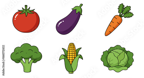 Vibrant vector PNG illustrations of fresh vegetables perfect for children's books, healthy food blogs, or educational materials, featuring a carrot, tomato, eggplant, broccoli, corn, and cabbage.