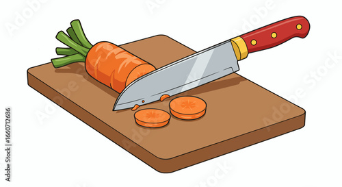 A vibrant vector illustration showcases a fresh carrot being sliced on a wooden cutting board, emphasizing healthy eating and culinary preparation in a clean, modern style.