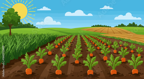 Vibrant cartoon illustration of a sunny day over a vast farm field with rows of healthy, growing carrots ready for harvest.
