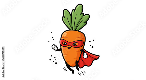 A cute cartoon carrot superhero in a red cape and mask, vector PNG illustration, perfect for children's books, healthy food branding, and vibrant designs.