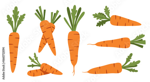 A collection of vibrant orange carrots with green leafy tops, presented in various positions and styles, perfect for healthy eating and cooking themes.