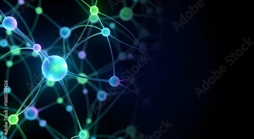 Abstract visualization of a neural network or molecular structure with colorful glowing nodes and connections on a black background with copy space.