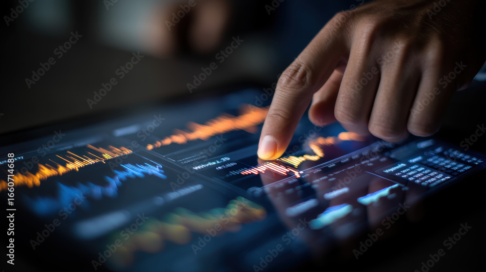 Fototapeta premium Digital tablet data analysis financial graphs touchscreen interface business technology analytics software financial data market trends investment analysis modern technology user interaction