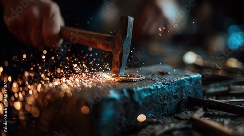 Focused image of metalworker hammering fine details on jewelry piece glowing sparks and blurred tools give atmospheric depth.