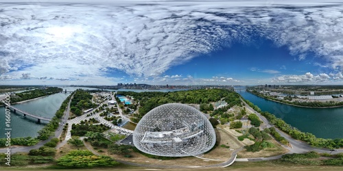 360 aerial photo taken with drone of The Biosphere, Environment Museum in Montreal, Quebec, Canada