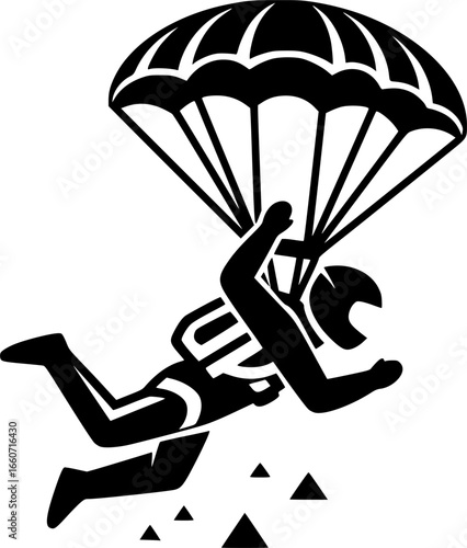 Black and White Parachuting Illustration: Skydiver with Parachute Vector Graphic, Sports, Adventure, Extreme Activity Clip Art