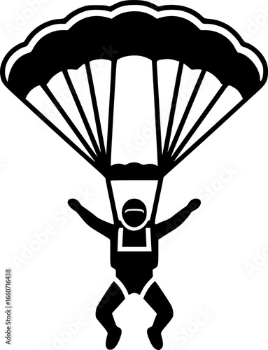 Black and White Parachuting Illustration: Skydiver with Parachute Vector Graphic, Sports, Adventure, Extreme Activity Clip Art