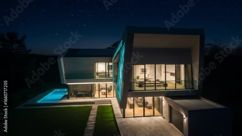 Aerial view of modern house with illuminated pool and geometric design at night under starry sky