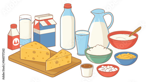 Assortment of Dairy Products Milk Cheese and Yogurt.
