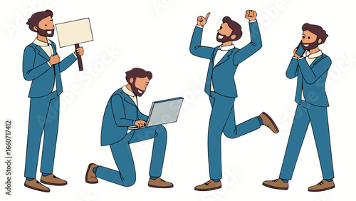 Business Man in Various Poses Holding Sign Laptop Celebrating and Talking on Phone.