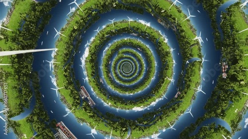 A mesmerizing spiral of green land, blue water, and white wind turbines creating an endless loop
