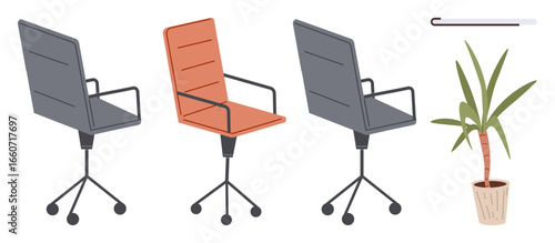 Three ergonomic swivel office chairs, a green potted plant, and a minimalistic hook combining functionality with aesthetics. Ideal for workplace setup, design, furniture, ergonomics, productivity