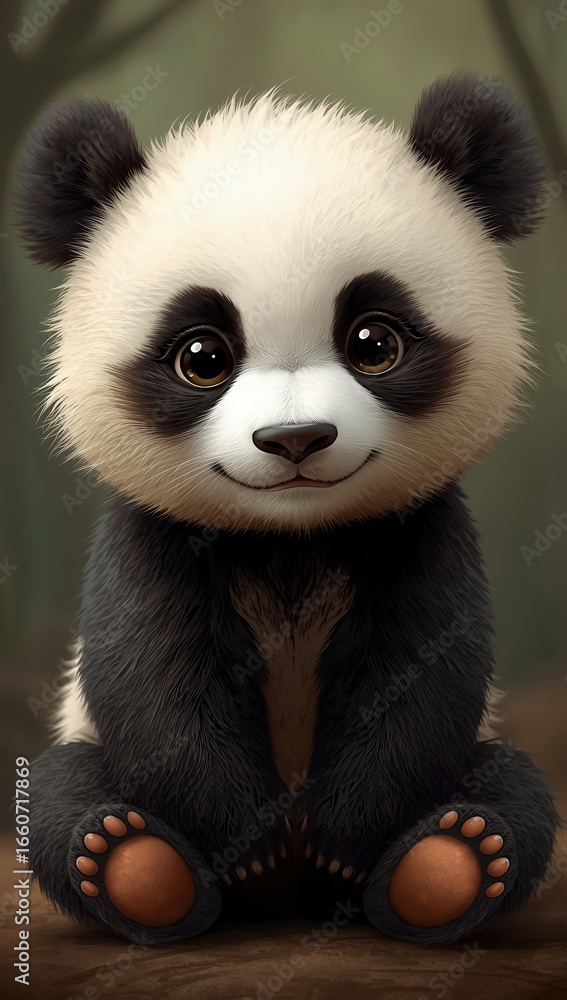 Fototapeta premium Cute cartoon-style baby panda sitting with a cheerful expression in a forest background