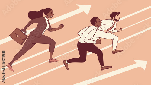 Business Professionals Running Upward on Career Path.