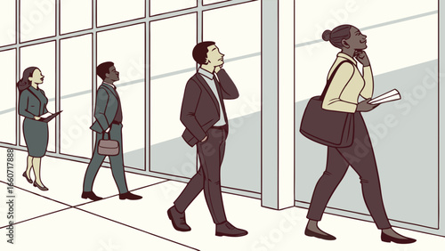 Business Professionals Walking in Modern Office Building.