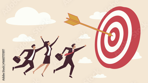 Business Team Achieving Goal Arrow Hitting Target.