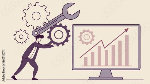 Businessman Adjusting Gears and Monitoring Financial Growth.