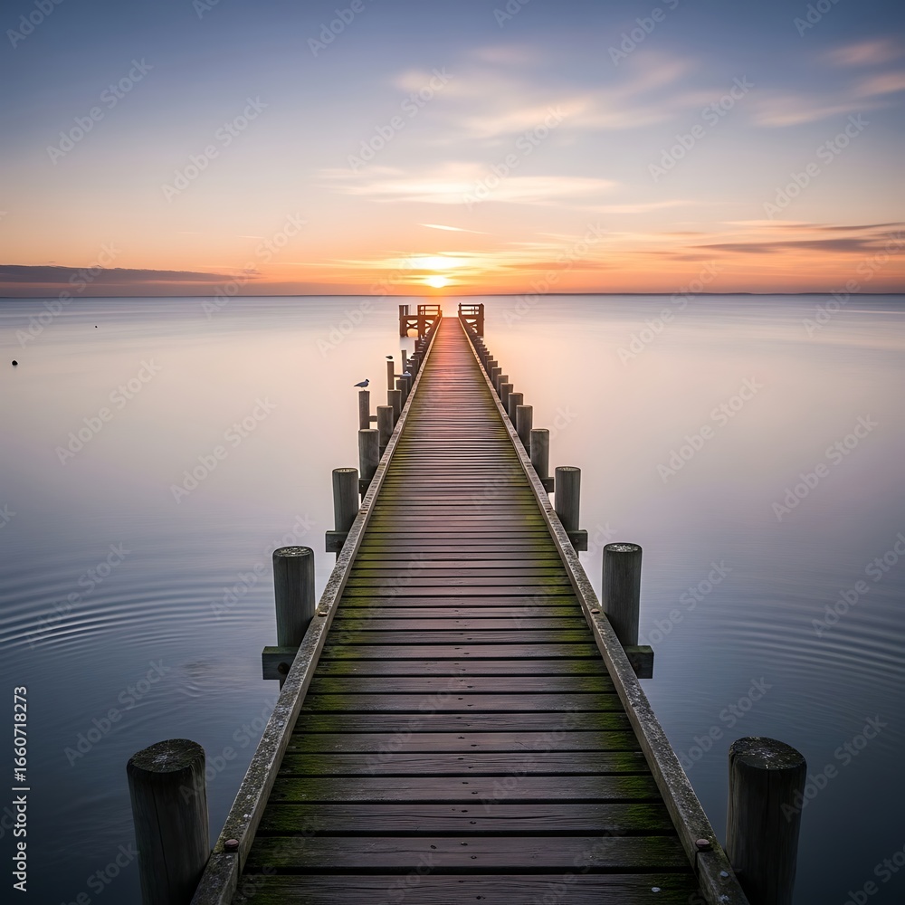 Obraz premium Pathway to Tranquility: Long Pier Leading to Serene Sunset, Perfect for Travel, Wellness and Mindfulness Campaigns Inspiring Calm and Escape