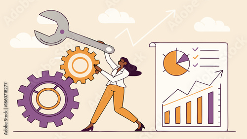 Businesswoman Adjusting Interlocking Gears with Wrench Improving Business Performance.