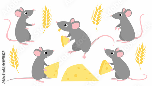 Collection of Cute Cartoon Mice with Cheese and Wheat.