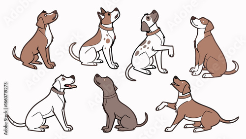 Collection of Seven Adorable Cartoon Dogs in Sitting Poses.