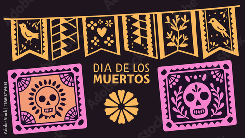 Colorful Dia de los Muertos Decorative Illustration.