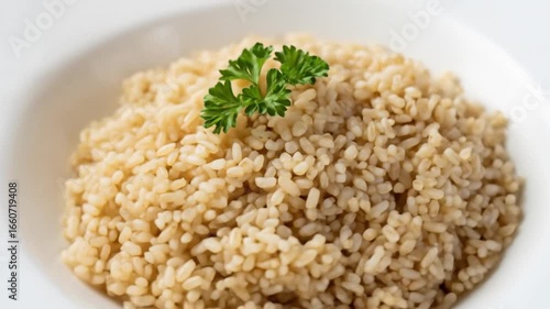 Cooked Brown Rice Food Close-Up with Parsley Garnish