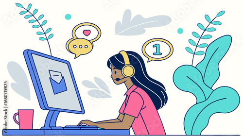 Customer service agent with headset using computer.