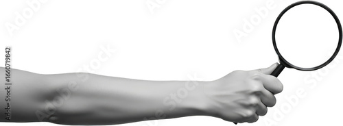 A black and white close up shows a hand holding a magnifying glass examining something unseen collage transparent background