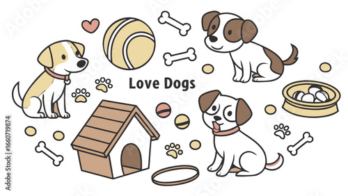 Cute Cartoon Dogs and Accessories Illustration.