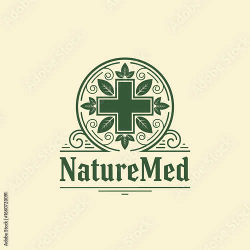 Nature Med logo design featuring a cross surrounded by leaves, symbolizing natural healing.