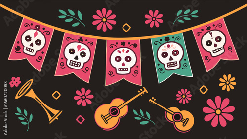 Day of the Dead Festive Bunting with Sugar Skulls Guitars and Flowers.