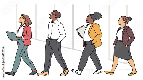 Diverse Business Professionals Walking in Office Corridor.