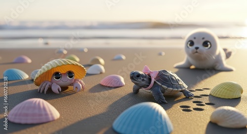 Fototapeta Naklejka Na Ścianę i Meble -  Penguin and turkey figurines on sandy beach with shells