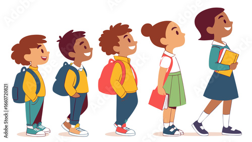 Diverse Group of Happy School Children with Backpacks and Books.