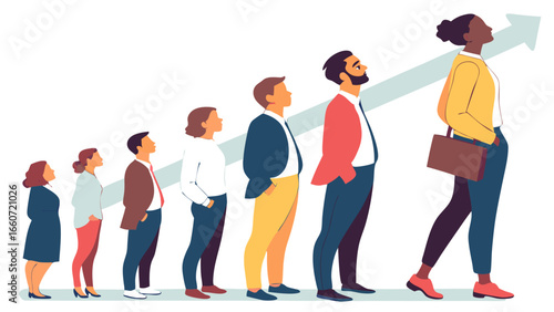 Diverse Group of People Walking Upward with Arrow.