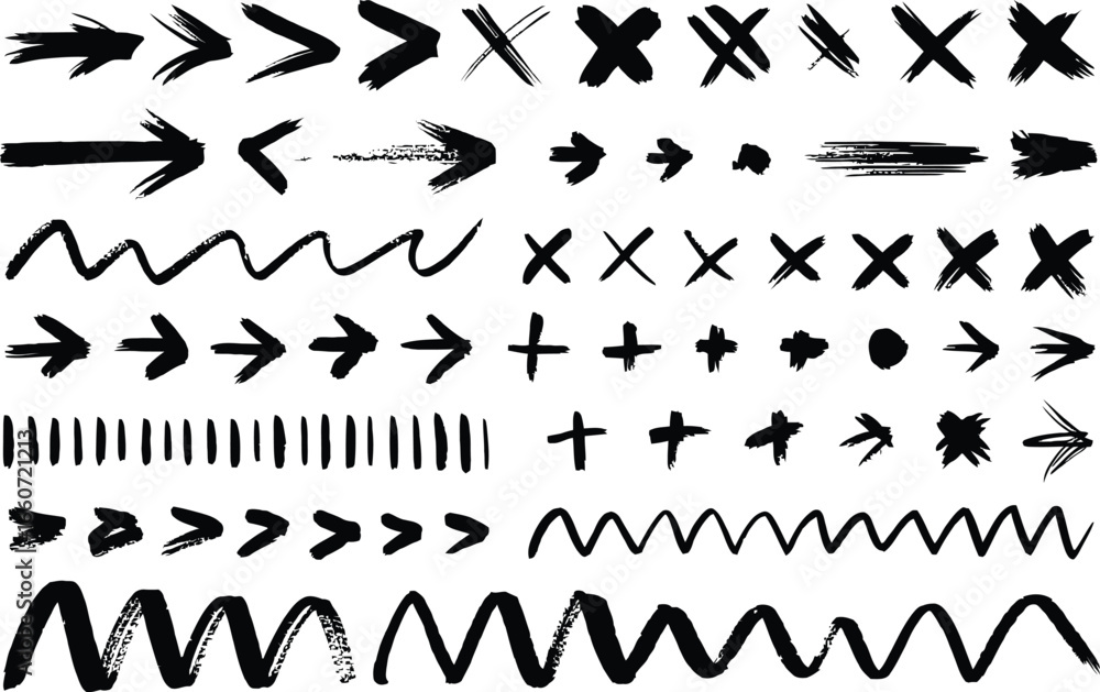 Fototapeta premium Hand Drawn Doodle Arrow, Cross, Line, Plus Marks and Shapes on White Background