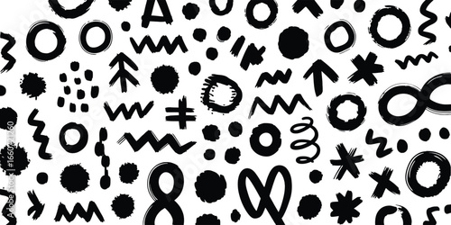 Hand Drawn Grunge Elements Black Shapes on White Background Texture Brush Strokes