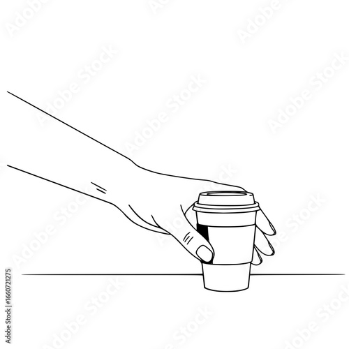 Hand reaching for coffee cup in minimalist line drawing style  