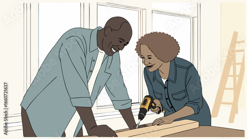 African American Couple Working Together on Home Improvement Project with Drill.