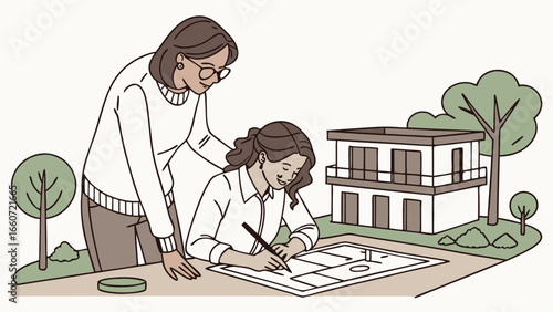 Architect Women Working on House Design Plans.