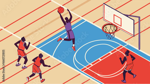 Basketball Players in Action on Court.